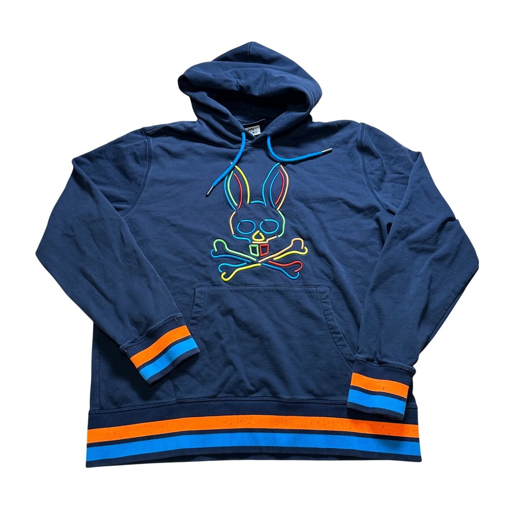 Psycho Bunny Mens XL Navy Blue Rainbow Logo Striped Pullover Hoodie Sweatshirt - Picture 1 of 7